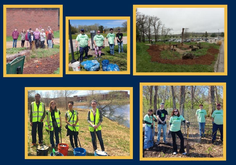 Five images in a gallery framed with gold on a navy blue background. These images include different groups of 皇冠hg2020手机app下载 students in nature with shovels, pales, garbage bags, and rakes.